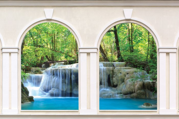 Fotobehang Uitzicht op de waterval door de architectonische ramen