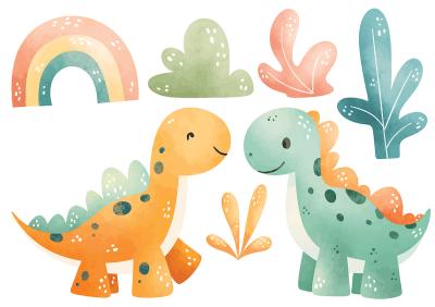 Sticker Dinosaurussen regenboog en plantjes