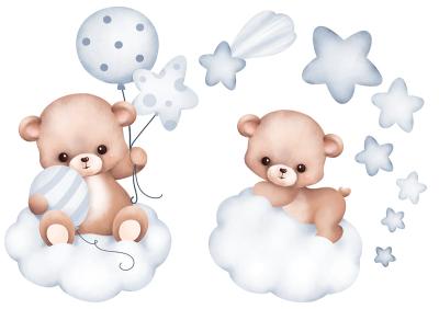 Sticker Beren met ballonnen op wolken tussen sterren