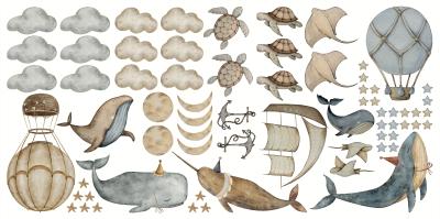 Sticker Walvissen wolken schepen en ballonnen patroon voor kinderen