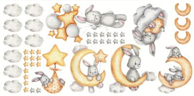 Sticker Konijnen sterretjes ballonnen tussen wolken en manen