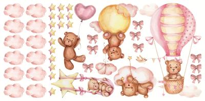 Sticker Roze beren wolkjes ballonnen en strikjes