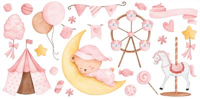 Sticker Aquarelcompositie van een kermis met een beer op de maan