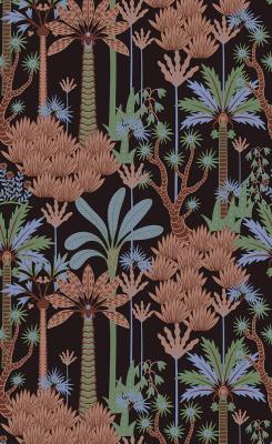 Sticker Tropische vegetatie in tinten bruin groen en blauw op donkere achtergrond