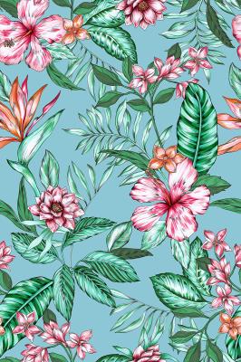 Sticker Tropische bloemen en bladeren op lichtblauwe achtergrond