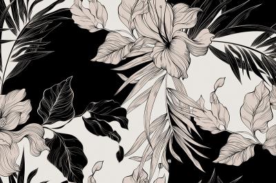 Sticker Zwart-witte bloemen en bladeren