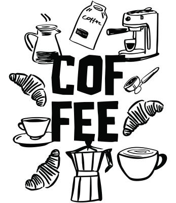 Sticker Zwarte tekst koffie tussen icoontjes