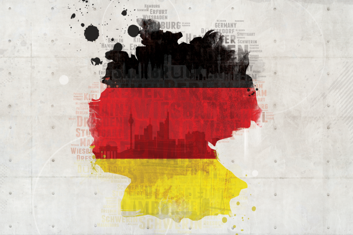 Canvas Kaart van Duitsland met vlag en stadsnamen op een lichte achtergrond