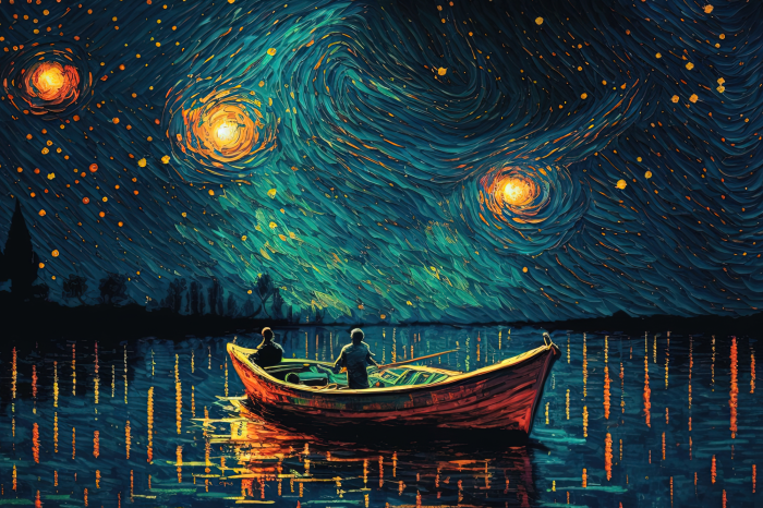 Canvas Een boot op een meer bij nacht in de stijl van een schilderij van Van Gogh