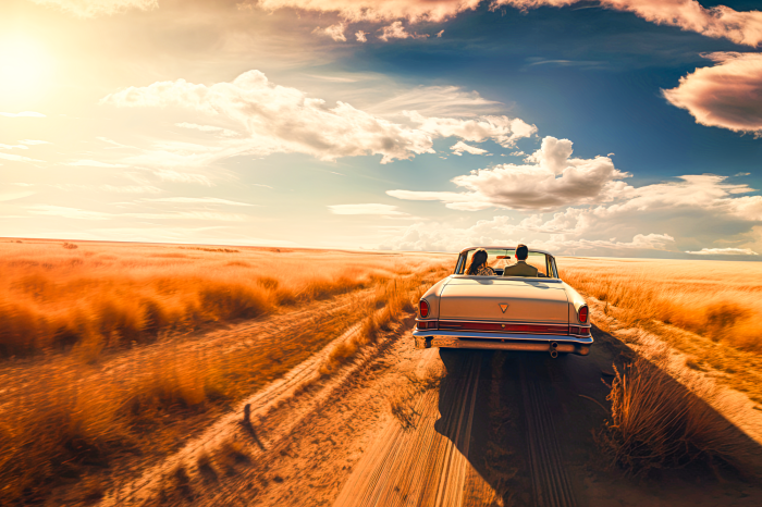 Canvas Een retro-cabriolet op een onverharde weg tussen het goudgele gras.