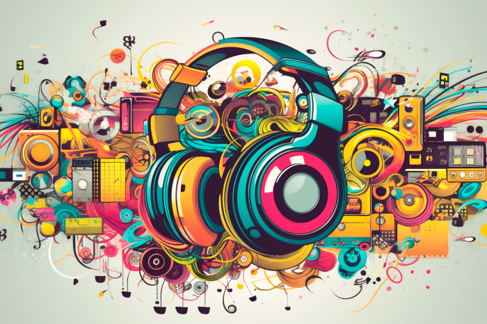 Canvas Grafische compositie met koptelefoon en muzikale motieven