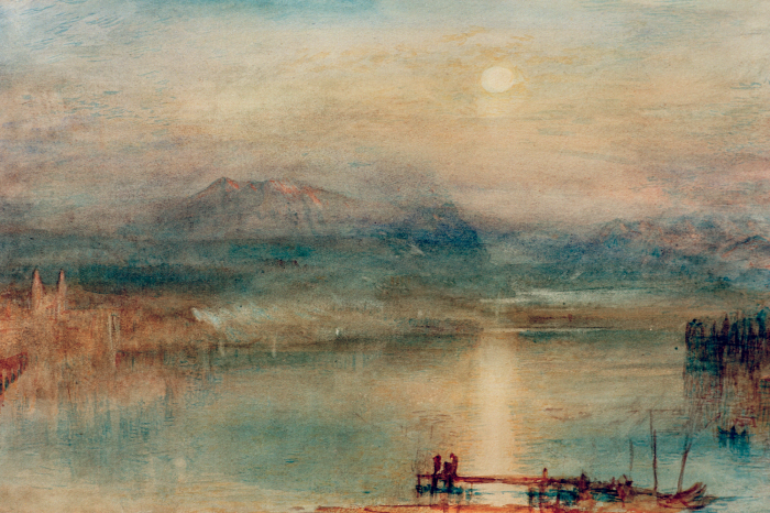 Canvas Een kalm meer in de gloed van de ondergaande zon