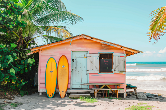 Canvas Tropisch huisje met palmbomen en de oceaan op de achtergrond