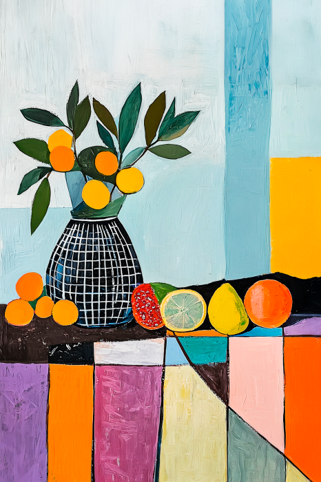 Canvas Stilleven en fruit op een kleurrijke achtergrond