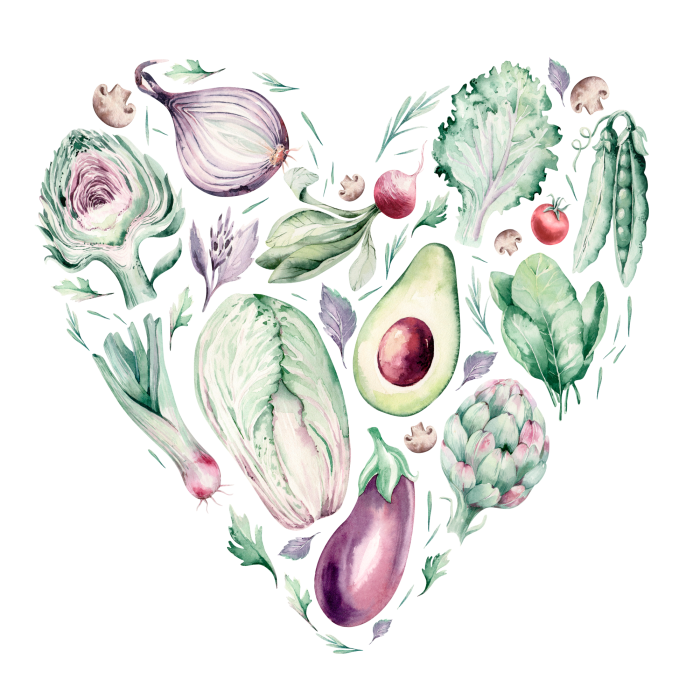 Canvas Hartvormige groene en paarse groenten