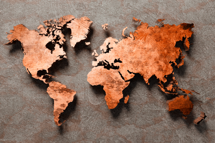 Canvas 3D-kaart met koperkleurige continenten