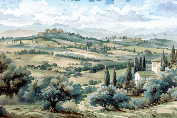 Canvas Landscape with Green Fields and Trees Tuscan Sunny View