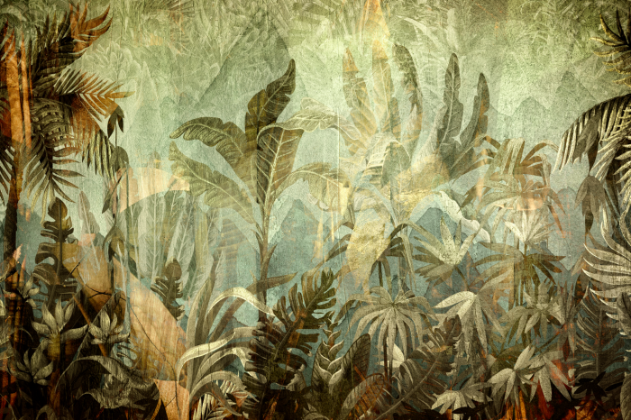 Canvas Tropische bladeren in groene en gouden tinten