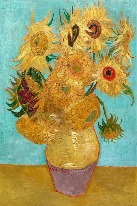 Canvas Geschilderde zonnebloemen in een vaas op een blauwe achtergrond