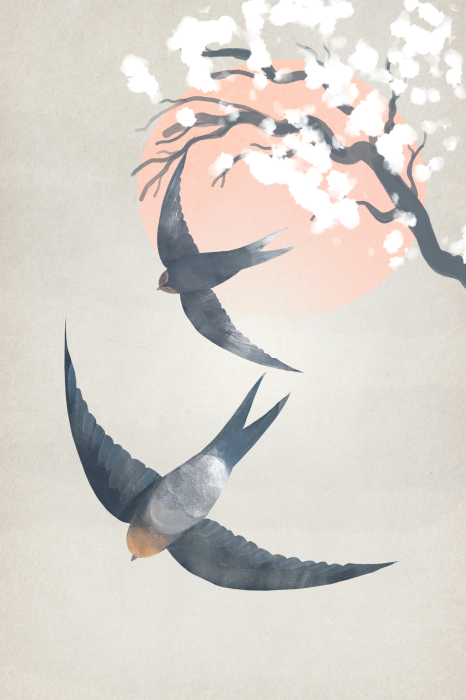 Canvas Twee zwaluwen en een kersenbloesem tegen de achtergrond van de zon