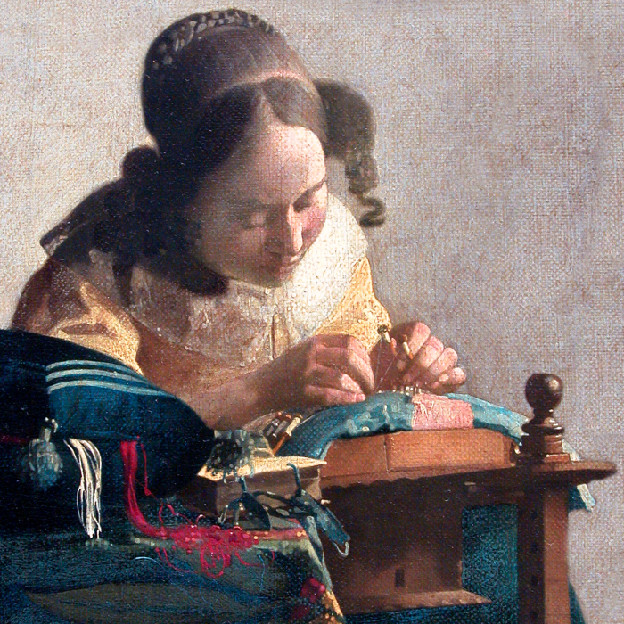 Canvas Een meisje in een korset dat kant borduurt