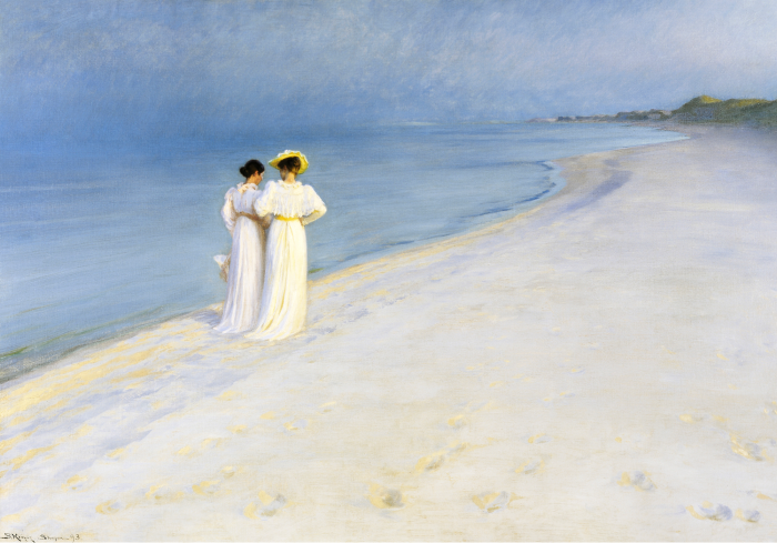 Canvas Elegante figuren in witte jurken aan zee