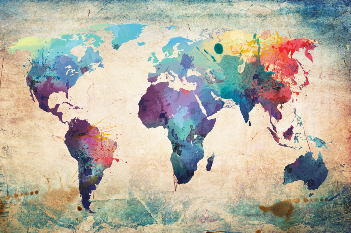 Canvas Kleurrijke artistieke wereldkaart met een oud-papiereffect