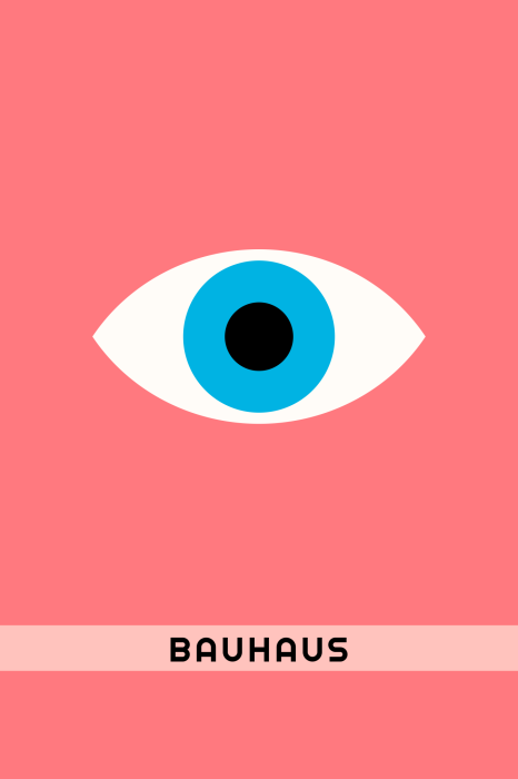 Canvas Een minimalistisch oog met het Bauhaus-opschrift op een roze achtergrond.