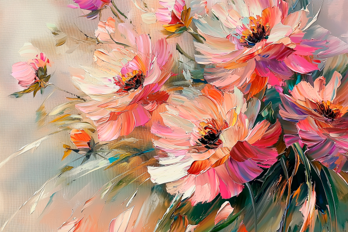 Canvas Bloemen in een expressief roze en oranje palet