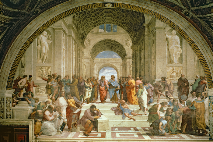 Canvas Figuren van grote denkers op een fresco uit de Renaissance