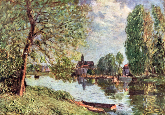 Canvas Een landschap met een rustige rivier en boten omgeven door bomen.