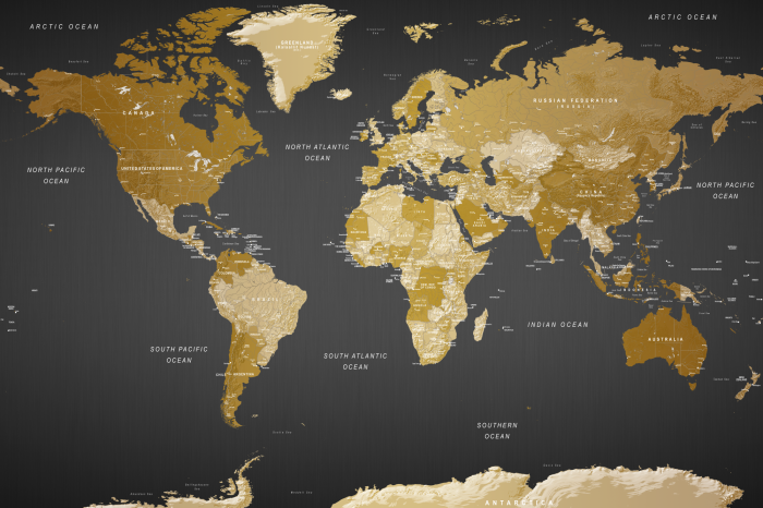 Canvas Een elegante politieke kaart van de wereld op een zwarte achtergrond