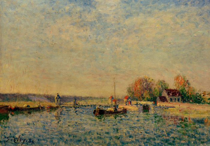 Canvas Aquarellandschap met een boot op een meer en een huis op de achtergrond