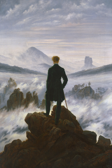 Canvas Een elegante man staat op een rotsachtige piek