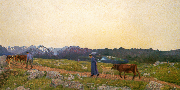 Canvas Mensen leiden een kudde koeien door een pittoreske open plek in de bergen