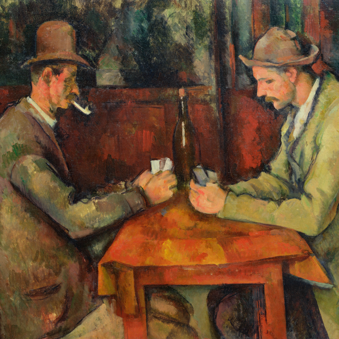 Canvas Heren spelen kaarten aan een tafel in een bar