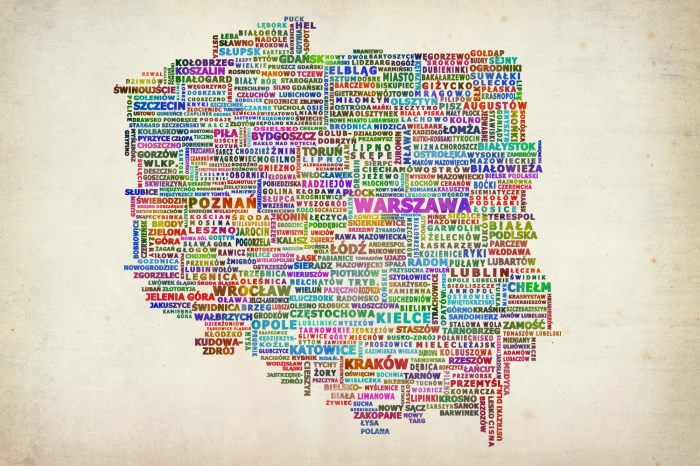 Canvas Een kleurrijke kaart van Polen met plaatsnamen.