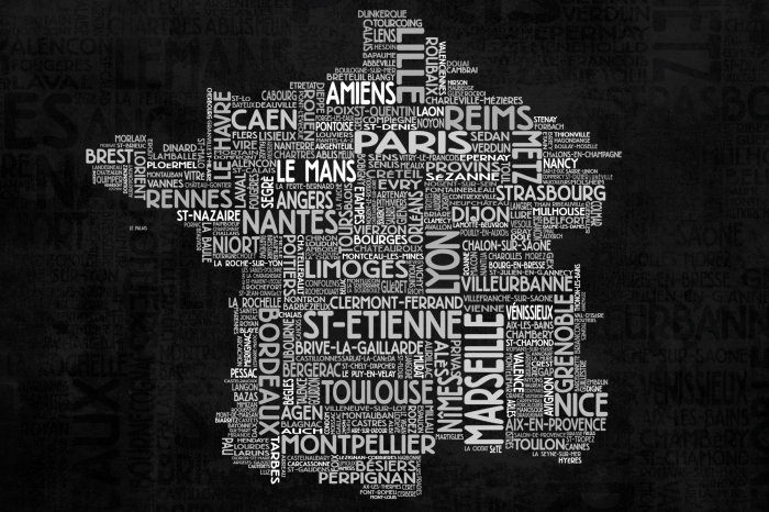 Canvas Een kaart van Frankrijk met stadsnamen op een donkere achtergrond.