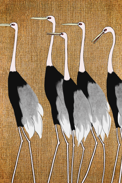 Canvas Vijf Japanse kraanvogels op een linnentextuurachtergrond