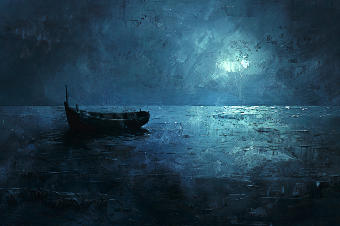 Canvas Schilderij van een boot op een meer in donkere tinten