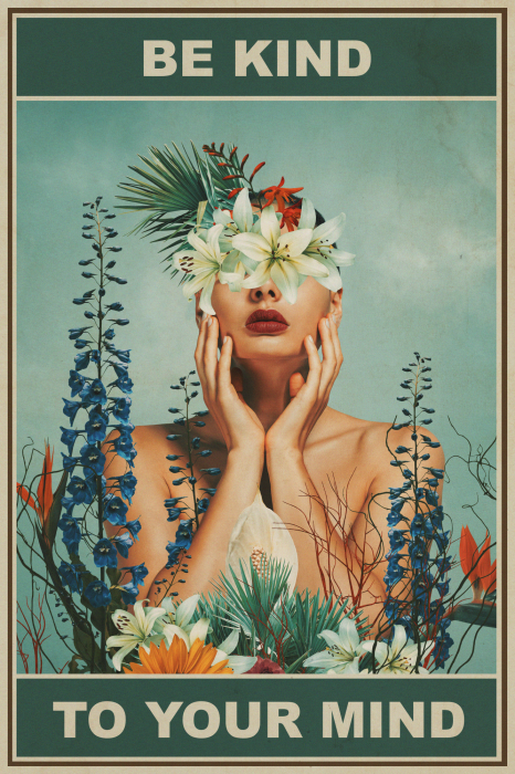 Canvas Een vrouw omringd door bloemen en de woorden &quot;Wees lief voor je geest&quot;