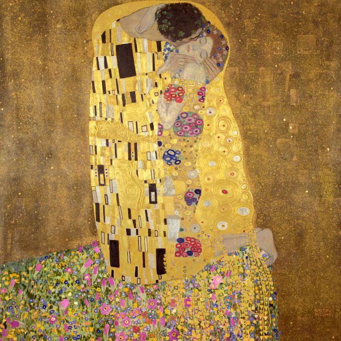 Canvas Een geliefdenpaar in een omhelzing vol goud