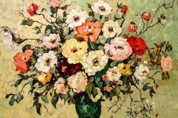 Canvas Kleurrijke bloemen in een schilderachtige vaas