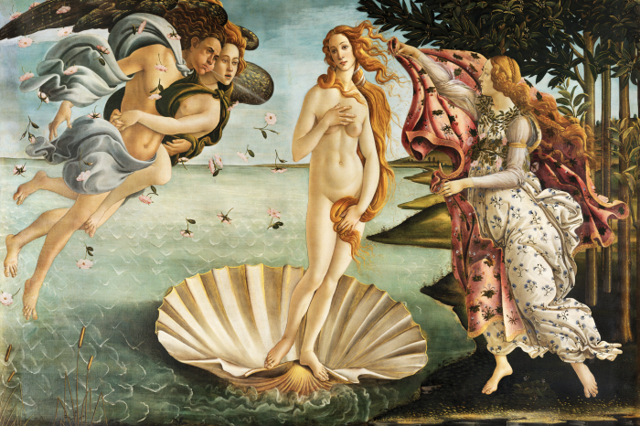 Canvas De godin Venus komt uit de golven op een schelp
