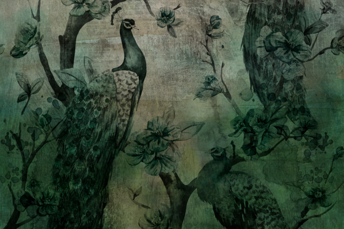 Canvas Donkergroen motief met een pauw en bloemen op een gestructureerde achtergrond
