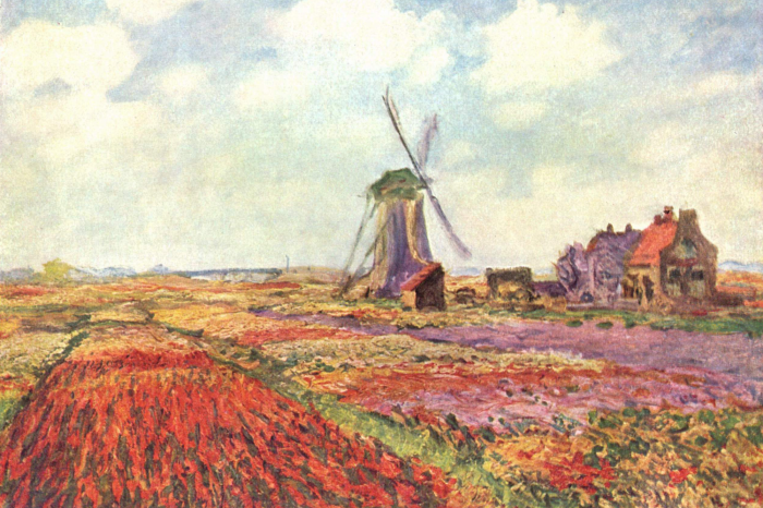 Canvas Een schilderachtig landschap met een bloemenveld, een huisje en een molen