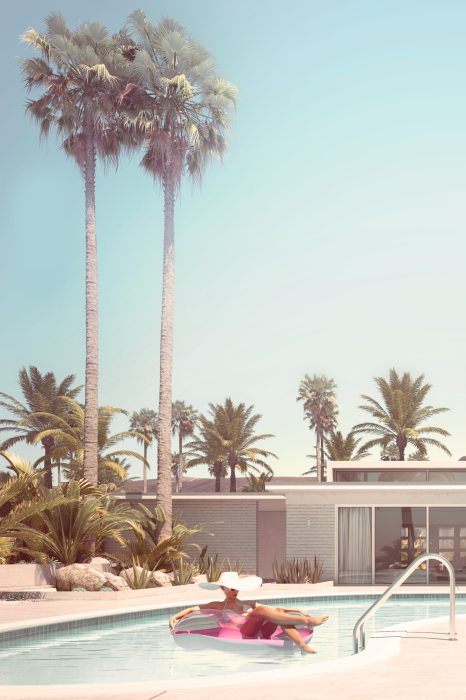 Canvas Vrouw in zwembad naast modern huis in Californische stijl