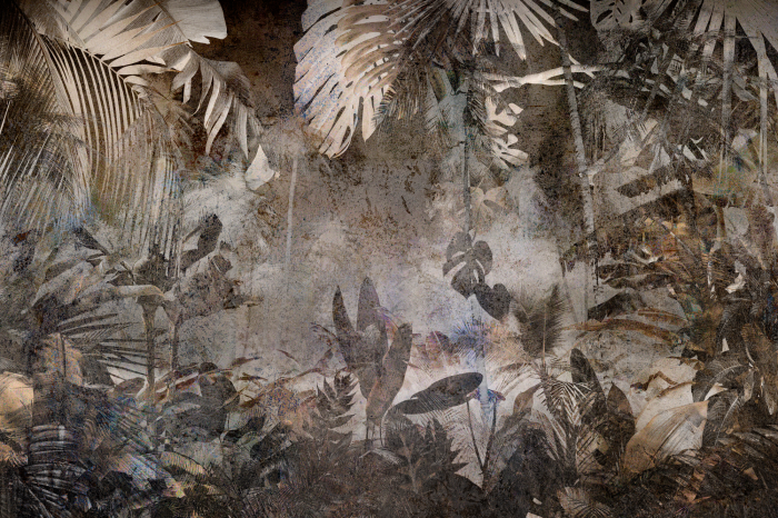 Canvas Tropische bladeren op een verweerd, getextureerd oppervlak