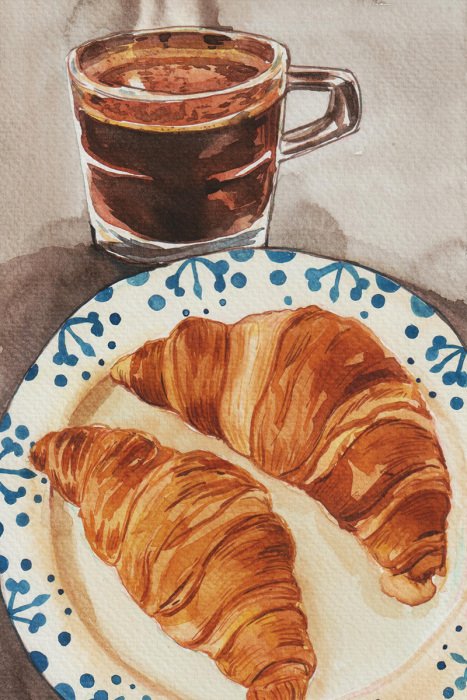 Canvas Een decoratief bord met croissants en een kopje zwarte koffie