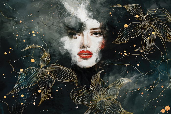 Canvas Portret van een vrouw omringd door gouden bloemen